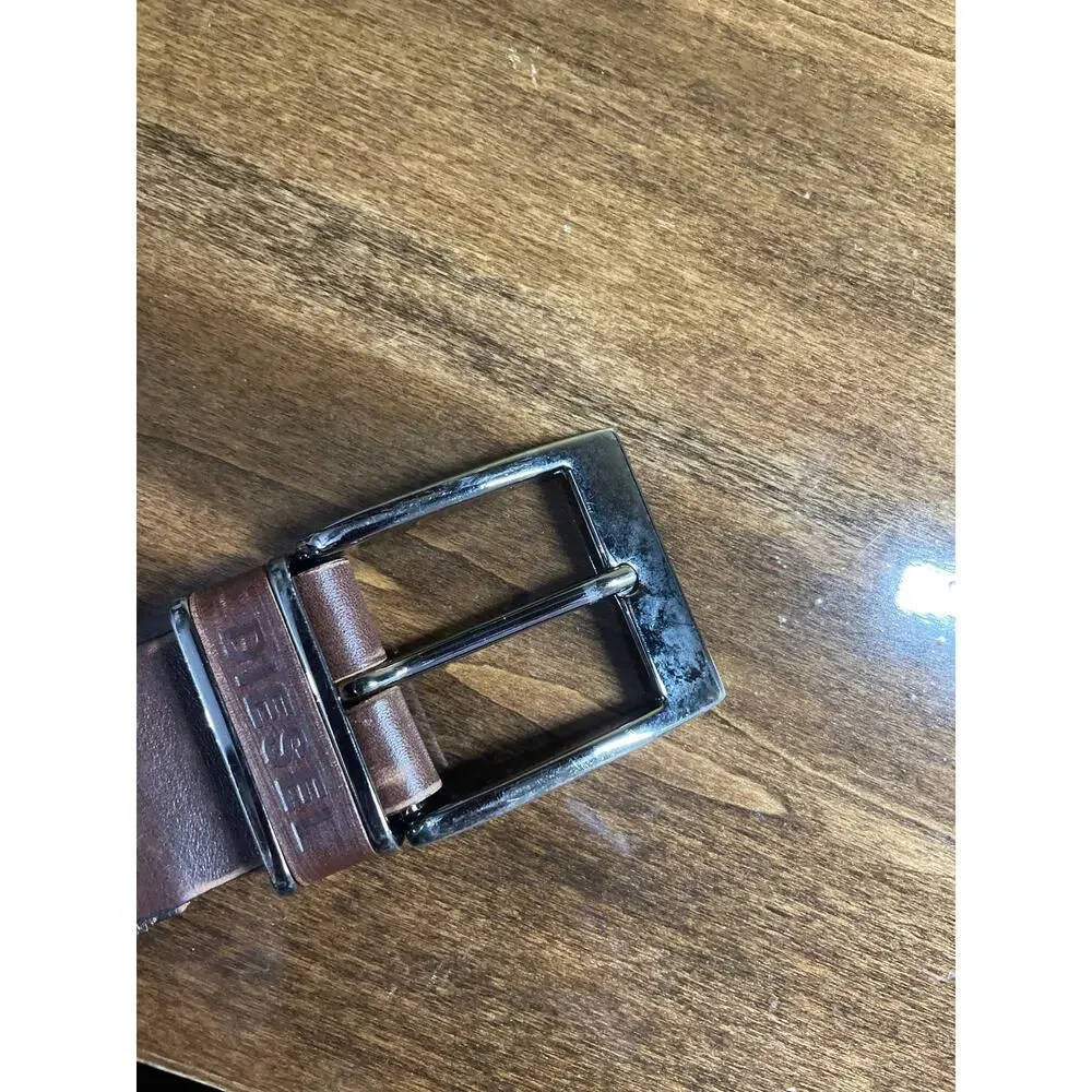 Diesel Belt M Brown Leather Silver Buckle Logo Embossed Casual Everyday